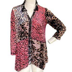 Ali Miles Mixed Media Leopard Print Velvet Trim Button-Up Top Sz M #120S